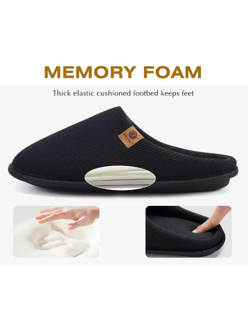 Men's Black Cushion Memory Foam Shake Fleece Faux Fur Lining House Slipper Shoes